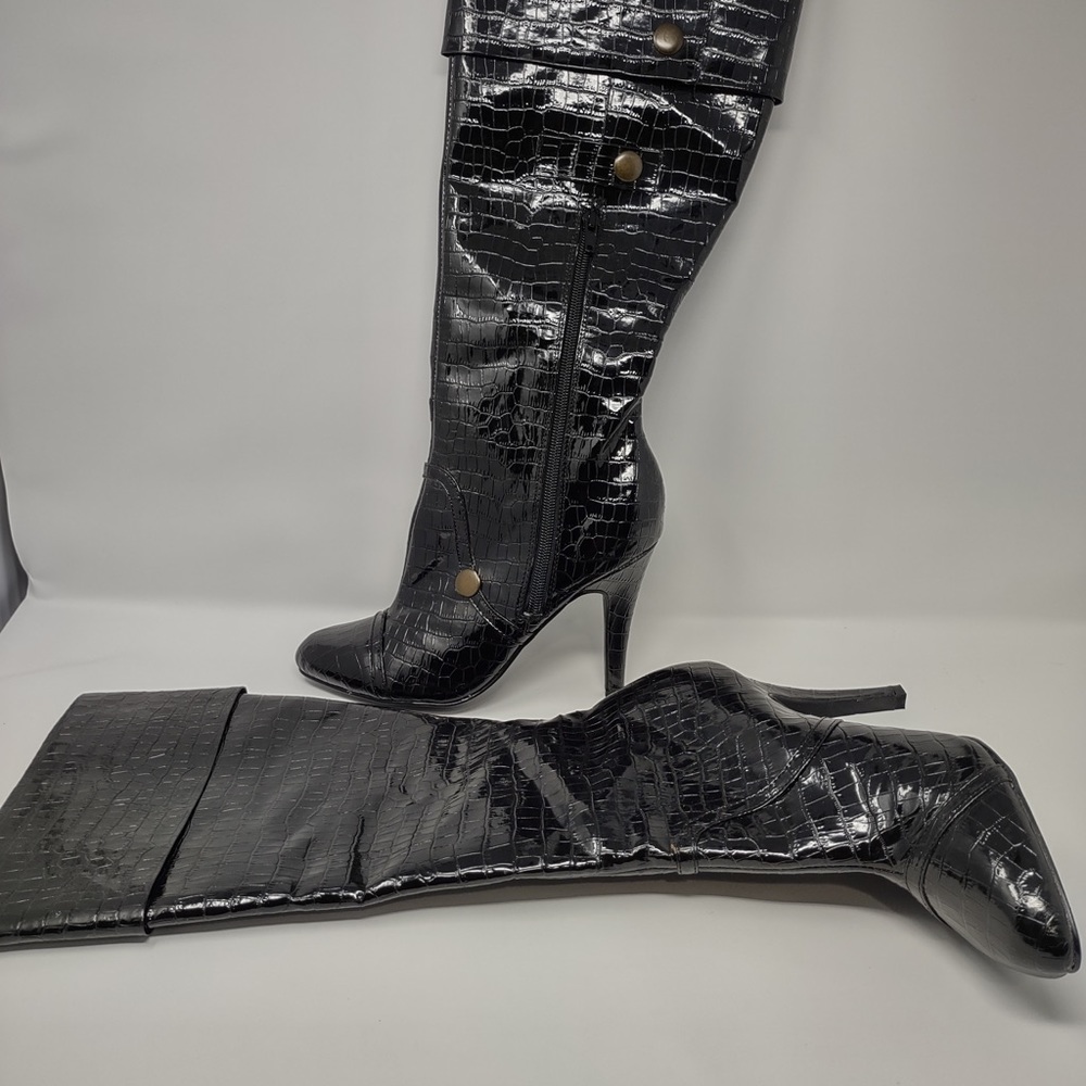 Black high heel alligator embossed wide calf boots